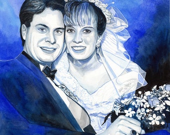 45th anniversary gift for parents, Blue Sapphire CUSTOM WATERCOLOR wedding PORTRAIT of parents on their wedding day, 45 year presents decor