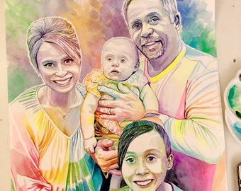 CUSTOM FAMILY PORTRAIT illustration from photo, personalized watercolor painting, Husband birthday gift from wife and kids, Mom dad children