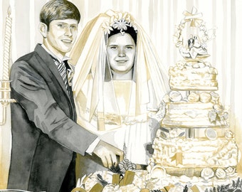 GOLDEN WEDDING ANNIVERSARY gift for parents, from old wedding photo, golden portrait, golden gift for 50th wedding anniversary, watercolor