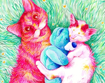 100% handpainted Valentine's day gift for a Cat lover, Personalized rainbow pet portrait pop art, Cat mom Valentines day gift, Cats painting