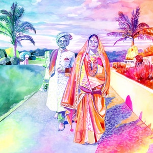 50th WEDDING ANNIVERSARY gift for Indian parents, sikh couple, sikhism gift, punjabi, indian wedding special gift couple watercolor portrait