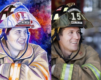 PERSONALIZED FIREFIGHTER PORTRAIT painting, Firefighter gift for him, Firefighter retirement gift for man, Fireman husband gift, dad present