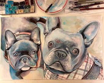 Personalized gift custom pet portrait watercolor, French bulldog illustration, drawing commissioned art commission, dog artist painter