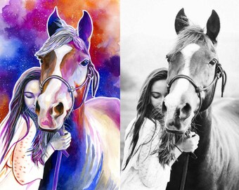 PERSONALIZED HORSE PAINTING, Gift for horse lover girl, Custom Horse illustration, horse portrait, Horse memorial gifts, Equestrian gifts