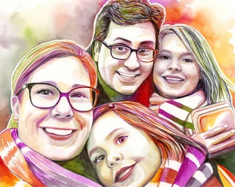 Personalized family modern portrait painting from photo of 4 people, Christmas gift for husband, dad, mom, wife, Christmas gift for family