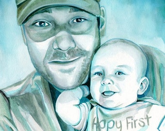 Gift for new dad, son to father gift, Father and son Custom watercolor portrait, gift for husband from baby, Family portrait