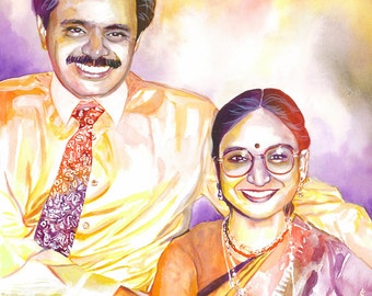 South INDIA HINDU PARENTS for 50th 25th wedding anniversary - Couple watercolor portrait, hindu wedding, indian wedding, hindu couple indian