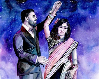 Couple portrait art, Custom couple PORTRAIT HAND PAINTED, Personalized wedding illustration painting, Indian wedding gift for indian couple