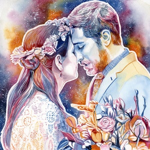 Regali di anniversario Boho per donne, ritratto di matrimonio dipinto a mano con acquerelli, regali di anniversario romantici per la moglie, prima carta di un anno