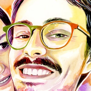 May include: A watercolor painting of a couple smiling. The man is wearing green-rimmed glasses and has a mustache and beard. The woman has long dark hair and is wearing a pink shirt.