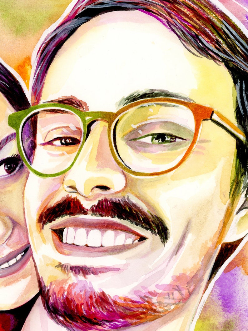 May include: A watercolor painting of a couple smiling. The man is wearing green-rimmed glasses and has a mustache and beard. The woman has long dark hair and is wearing a pink shirt.