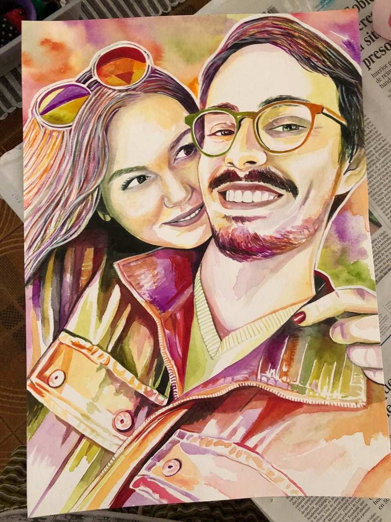May include: A watercolor painting of a couple. The woman is wearing sunglasses and a jacket. The man is wearing a green shirt and a jacket. The painting is done in a colorful style with a lot of detail.