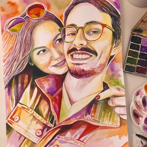 May include: Watercolor painting of a couple, a man and a woman, with colorful backgrounds and details. The man is wearing glasses and has a beard. The woman is wearing sunglasses. The painting is done in a vibrant style with a lot of color.