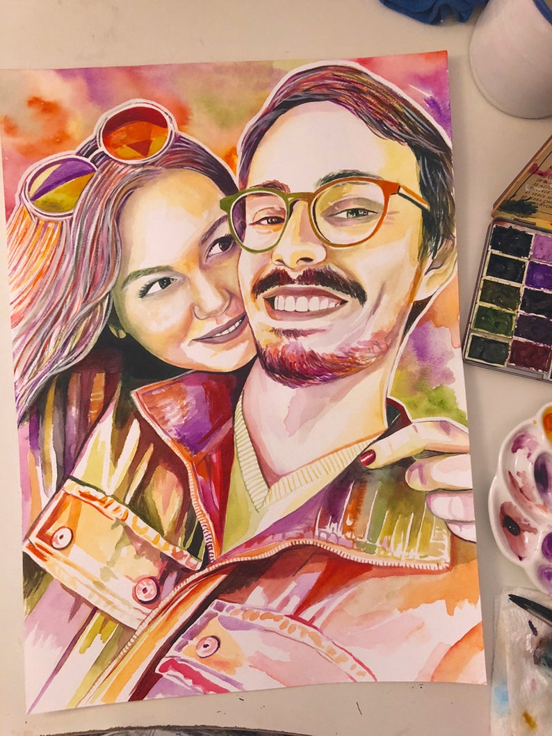 May include: Watercolor painting of a couple, a man and a woman, with colorful backgrounds and details. The man is wearing glasses and has a beard. The woman is wearing sunglasses. The painting is done in a vibrant style with a lot of color.