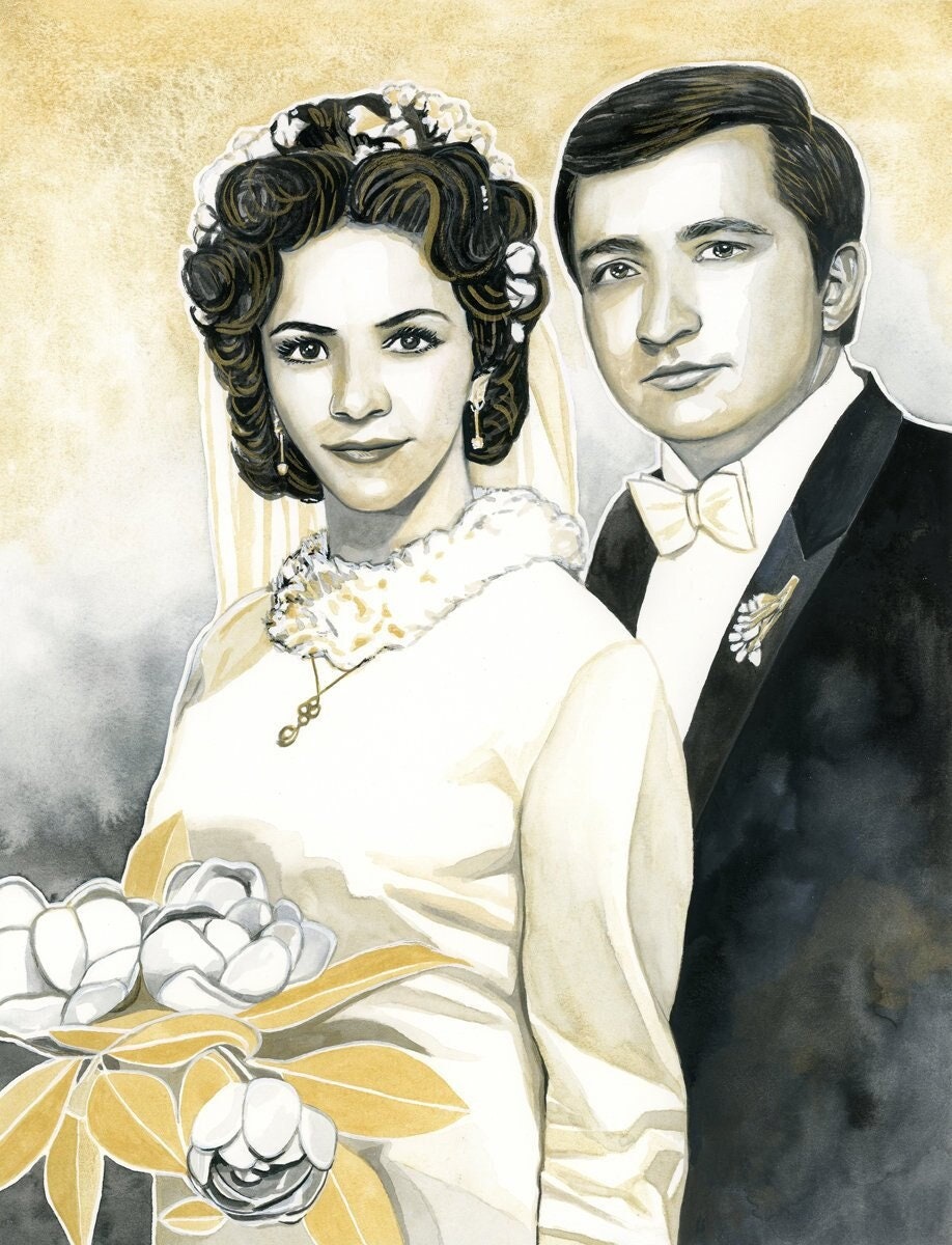 Unique 50th anniversary gifts for parents Personalized Watercolor Couple Painting from wedding photo Golden anniversary gift, Gold portrait