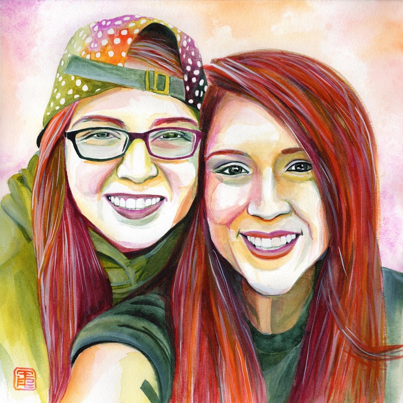 May include: A watercolor painting of two women smiling. The woman on the left is wearing a green shirt and a polka dot hat. The woman on the right is wearing a green shirt and has long red hair.