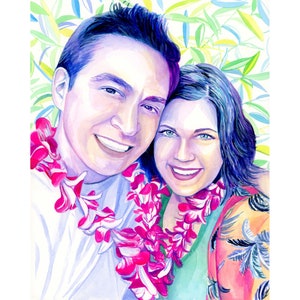 May include: A watercolour painting of a couple, a man and a woman, smiling at the camera. The man is wearing a white shirt with a pink lei around his neck. The woman is wearing a green and orange floral dress.