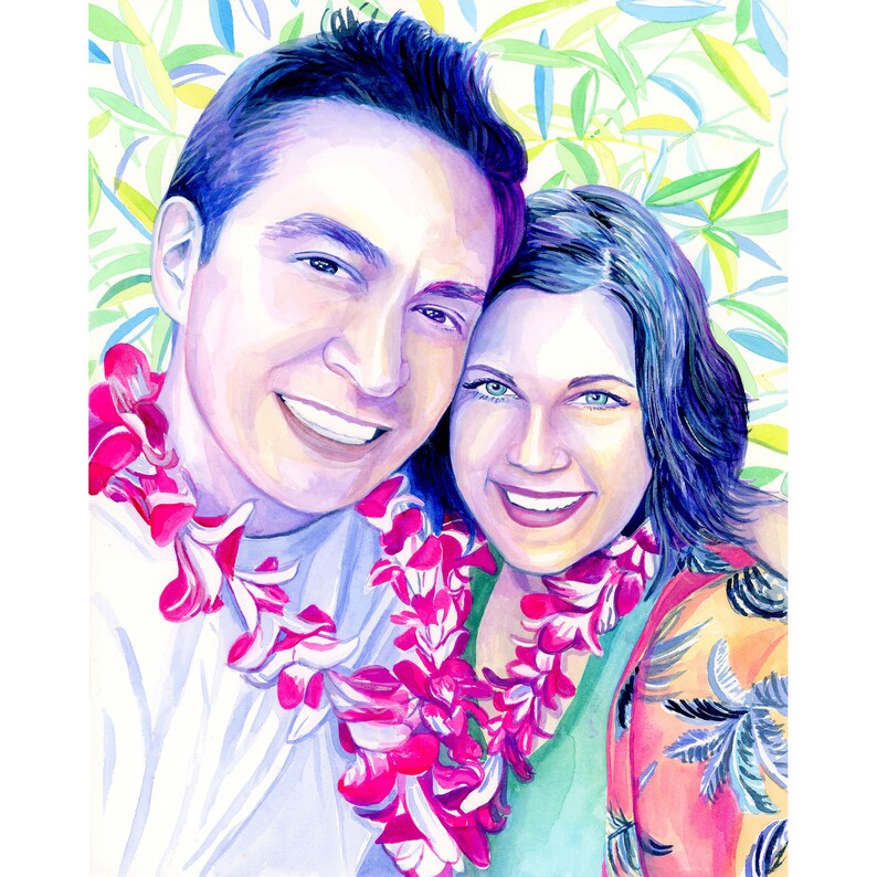 May include: A watercolour painting of a couple, a man and a woman, smiling at the camera. The man is wearing a white shirt with a pink lei around his neck. The woman is wearing a green and orange floral dress.