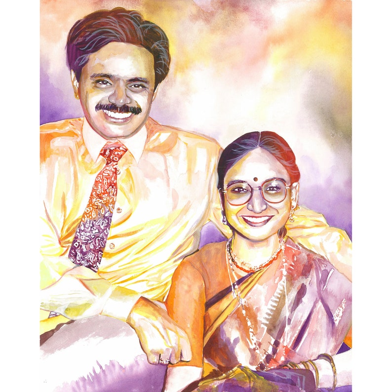May include: A watercolor painting of a couple. The man is wearing a yellow shirt and a patterned tie. The woman is wearing a red and gold sari with a bindi on her forehead. They are both smiling.