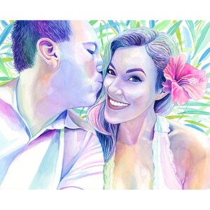 May include: A watercolour painting of a couple in a tropical setting. The man is kissing the woman on the cheek. The woman is smiling and has a pink flower in her hair.