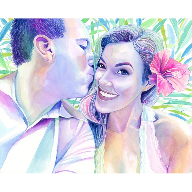 May include: A watercolour painting of a couple in a tropical setting. The man is kissing the woman on the cheek. The woman is smiling and has a pink flower in her hair.