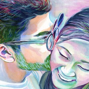 May include: A watercolour painting of a couple, the man is wearing glasses and has a beard, the woman is smiling with her eyes closed. The painting is done in shades of blue, green, and pink.