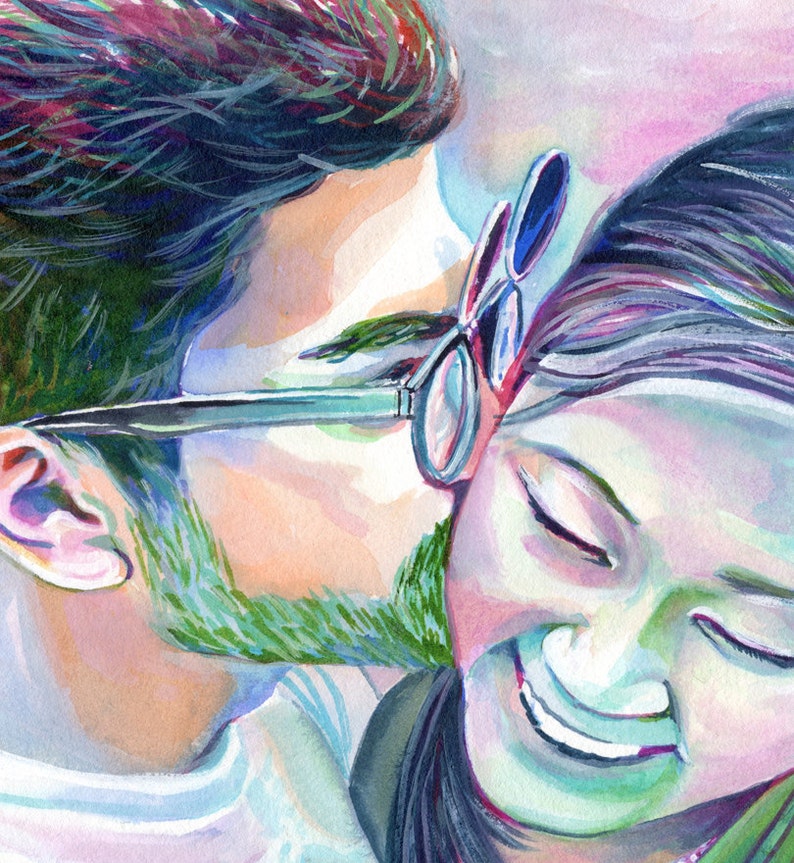 May include: A watercolour painting of a couple, the man is wearing glasses and has a beard, the woman is smiling with her eyes closed. The painting is done in shades of blue, green, and pink.