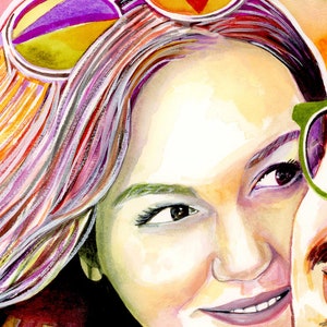 May include: A watercolor painting of a couple, the woman is wearing colorful sunglasses and has long, wavy hair. The man is wearing green sunglasses and has a beard. The painting is done in a vibrant style with bright colors.