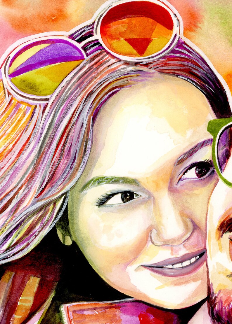 May include: A watercolor painting of a couple, the woman is wearing colorful sunglasses and has long, wavy hair. The man is wearing green sunglasses and has a beard. The painting is done in a vibrant style with bright colors.