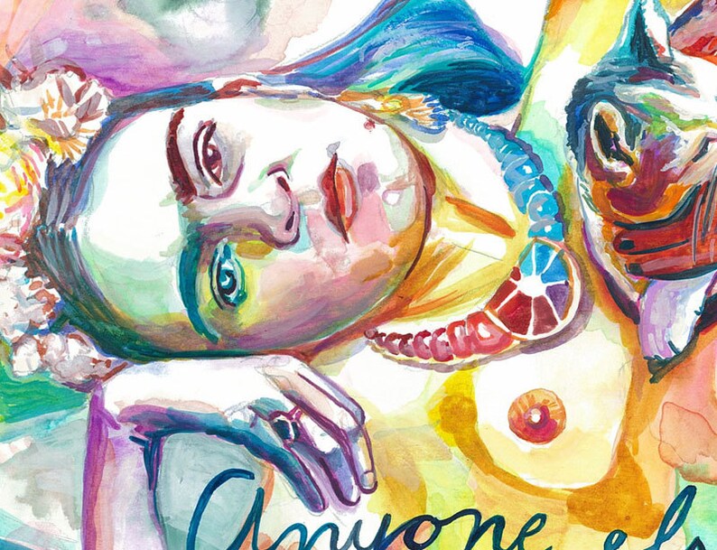 K&ouml;nnte beinhalten: Aquarellmalerei einer liegenden Person, die nach oben blickt. Das Kunstwerk zeigt eine lebendige Palette aus Blau-, Rosa- und Gelbt&ouml;nen. Der Text "Anyone else" ist im unteren Teil des Bildes zu sehen.
