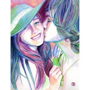 May include: A watercolour painting of a couple, a woman wearing a green and white hat and a man with blue hair, kissing. The woman is wearing a green shirt and the man is wearing a green shirt with a green pendant necklace.