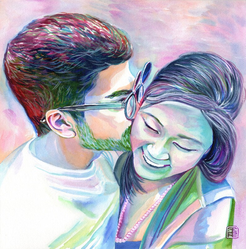 May include: A watercolour painting of a couple, a man with dark hair and a woman with long dark hair, embracing and smiling. The man is wearing a white shirt and the woman is wearing a green shirt with a pink necklace. The background is a soft pink and purple.