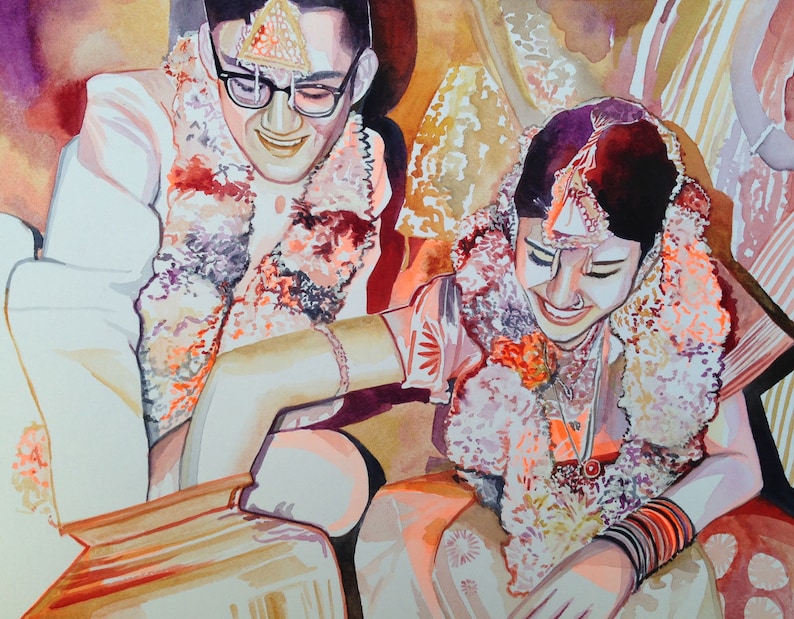 May include: A watercolor painting of a bride and groom in traditional Indian wedding attire. The bride is wearing a red and gold sari with intricate floral patterns and a large, ornate headpiece. The groom is wearing a white shirt and a red and gold turban. Both are adorned with garlands of flowers.