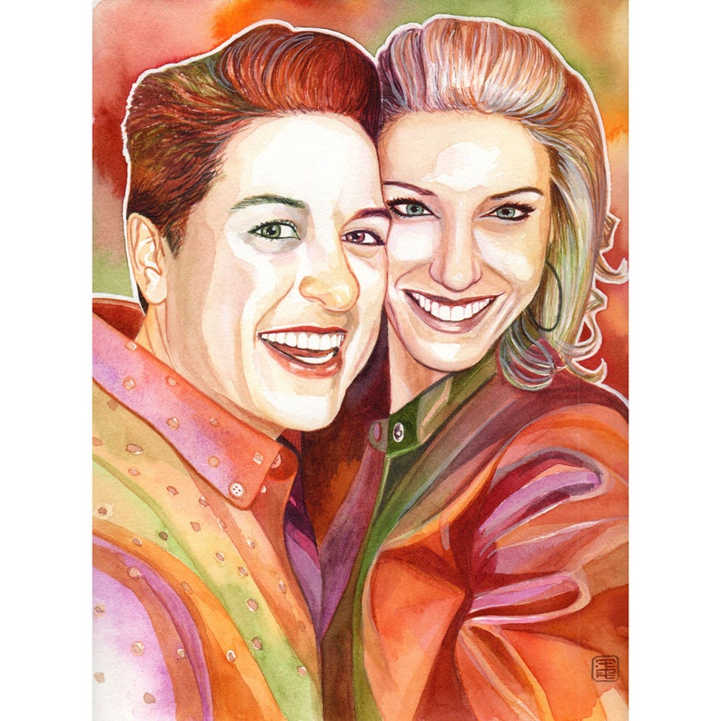 May include: A watercolor painting of two people smiling and embracing. The person on the left is wearing a colorful shirt with a polka dot pattern. The person on the right is wearing a red jacket with a green shirt underneath.