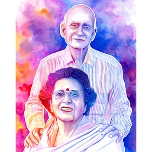 May include: A watercolor painting of an older couple. The man is wearing a striped shirt and has his arm around the woman. The woman is wearing a white shawl and has a red dot on her forehead. The background is a colorful watercolor wash.