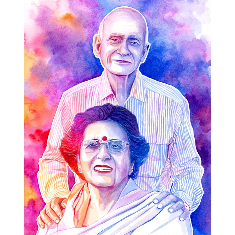 May include: A watercolor painting of an older couple. The man is wearing a striped shirt and has his arm around the woman. The woman is wearing a white shawl and has a red dot on her forehead. The background is a colorful watercolor wash.