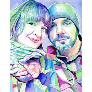May include: A watercolour painting of a couple, a woman with green and purple hair wearing a green and white scarf and a man wearing a green hat and a green, pink and white plaid shirt.