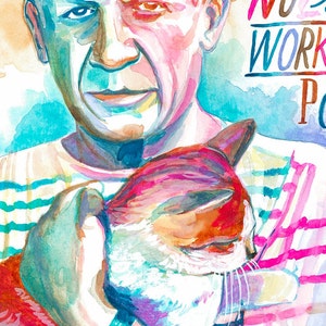May include: A watercolour painting of a man holding a cat. The man has a serious expression on his face and is wearing a striped shirt. The cat is white with brown and pink markings. The background is a light blue watercolour wash with the text "Some No Work Possible" in colourful letters.