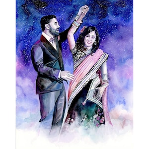 May include: A watercolor painting of a couple dancing under a starry sky. The woman is wearing a pink and green sari, and the man is wearing a black suit. The painting is done in a romantic style.