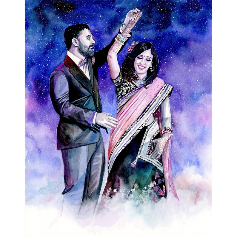 May include: A watercolor painting of a couple dancing under a starry sky. The woman is wearing a pink and green sari, and the man is wearing a black suit. The painting is done in a romantic style.