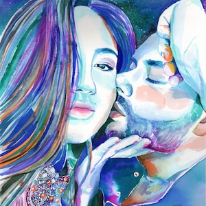 Personalized Boyfriend Valentines gift, Custom watercolor couples portrait, Husband gift, Unique gifts for men, Valentine&#39;s day present