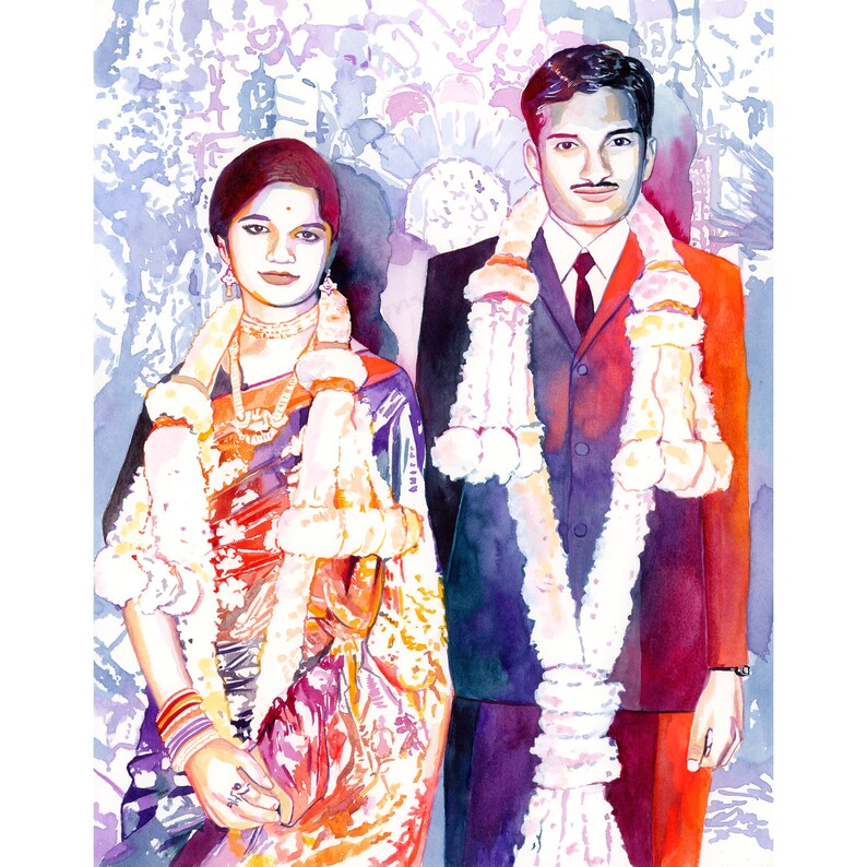 May include: A watercolor painting of a couple in traditional Indian wedding attire. The woman is wearing a colorful sari with white floral embellishments and a white garland. The man is wearing a purple suit with a white garland and a red tie. The background is a watercolor wash of blue and purple.