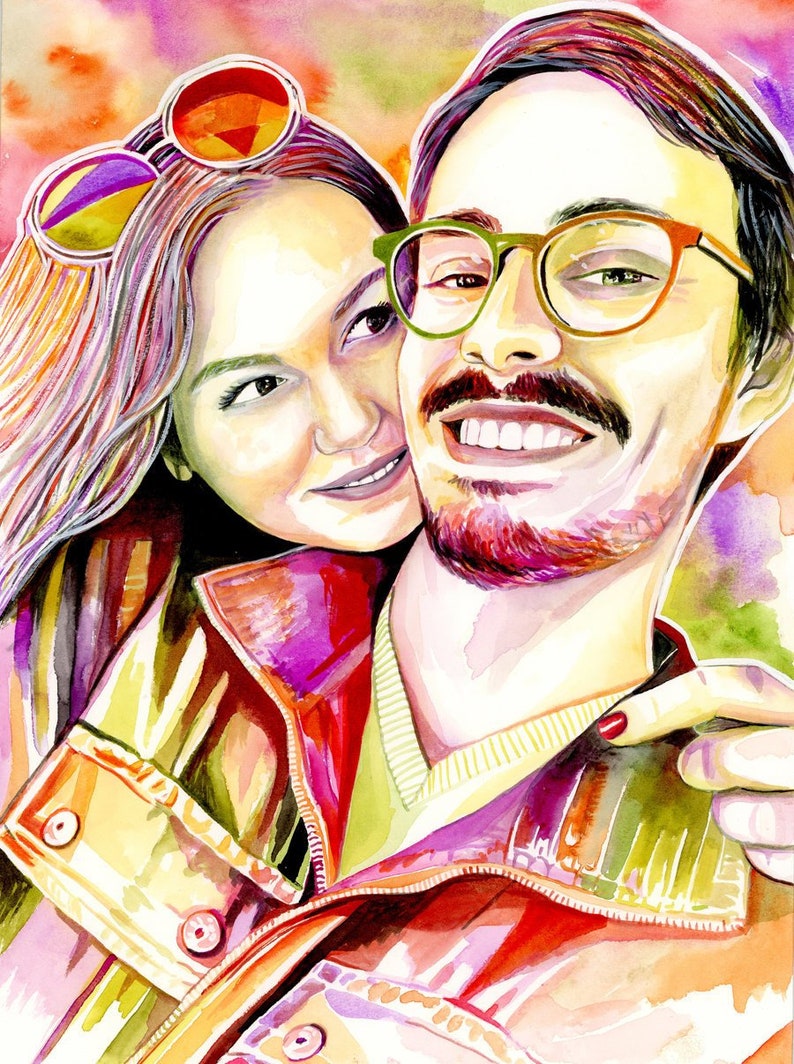 May include: A watercolor painting of a couple, a man and a woman, smiling and looking at the camera. The woman is wearing sunglasses and a red jacket. The man is wearing a green sweater and glasses. The painting is done in a vibrant color palette.