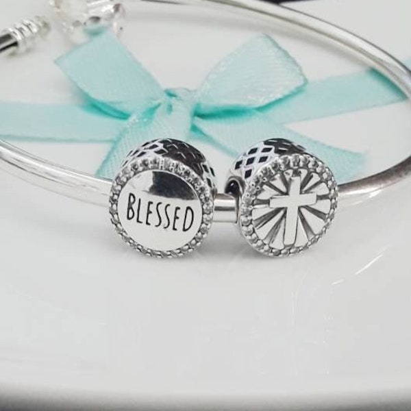 Engraved Blessed elevated Cross Spiritual charm S925 Sterling Silver