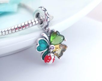 Crystal clover Ladybug charm for bracelet : S925 Sterling Silver, gift for her