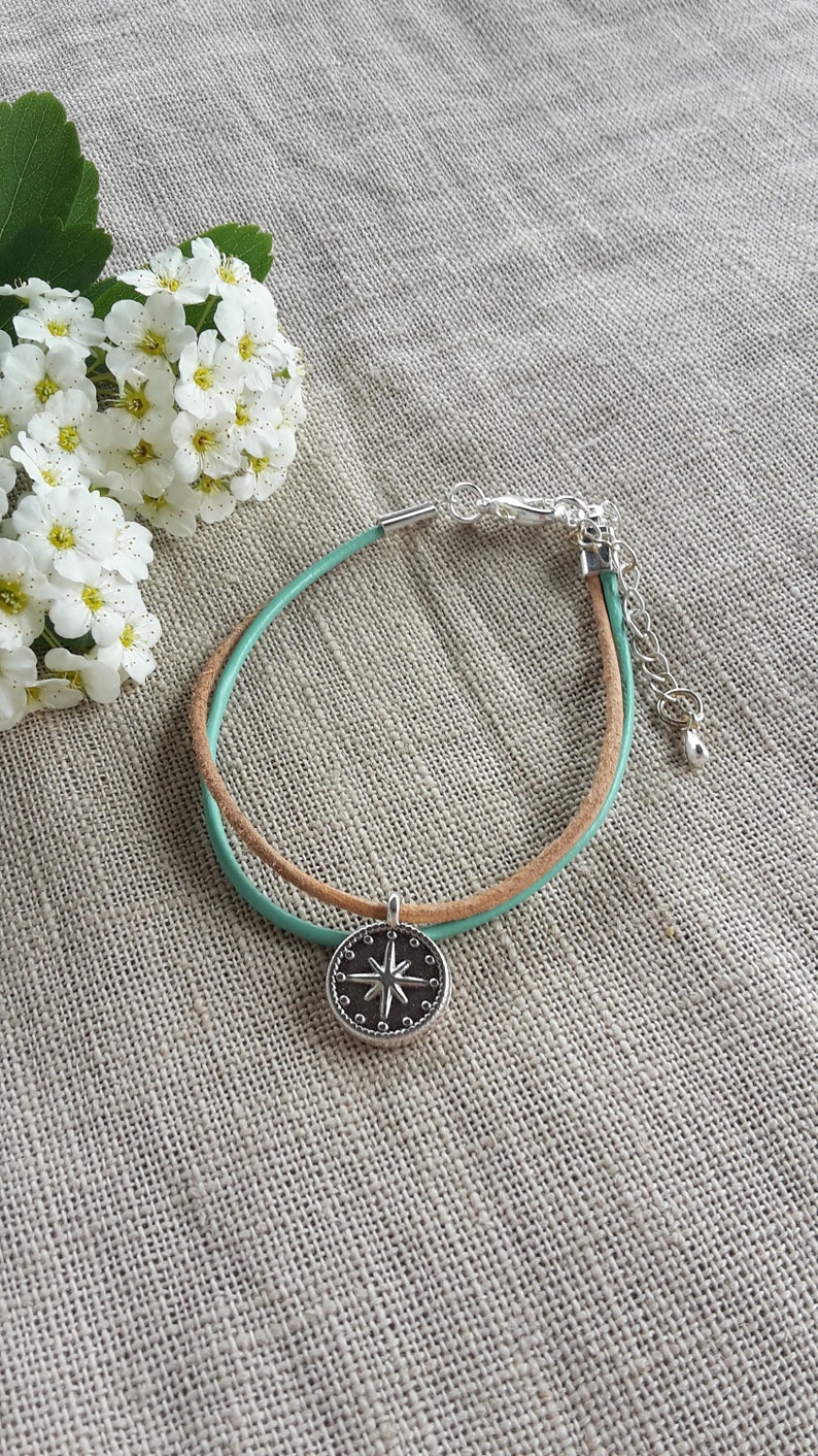 mint leather bracelet gift handmade silver plated compass nature Bracelet color choice
