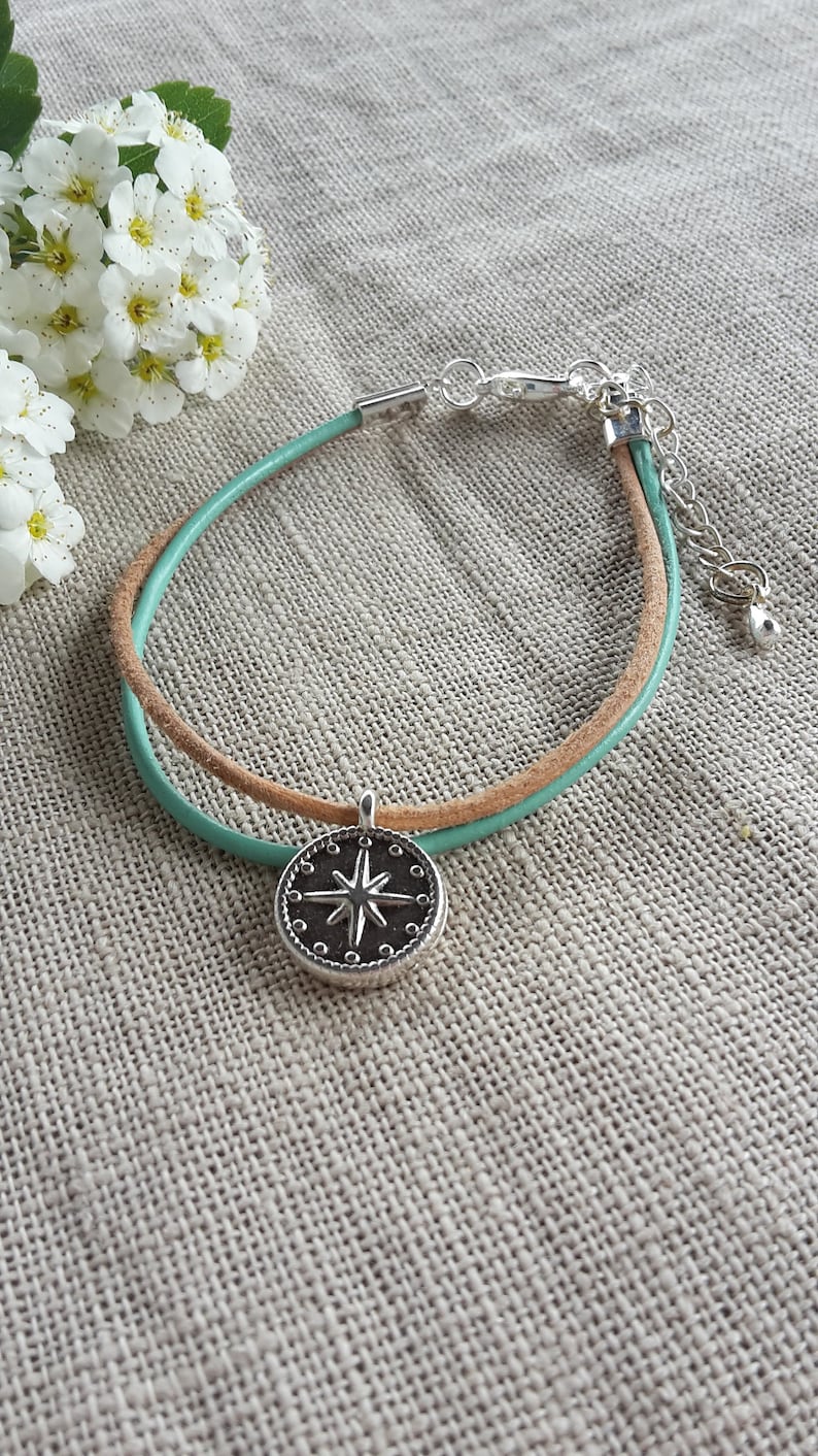 mint leather bracelet gift handmade silver plated compass nature Bracelet color choice