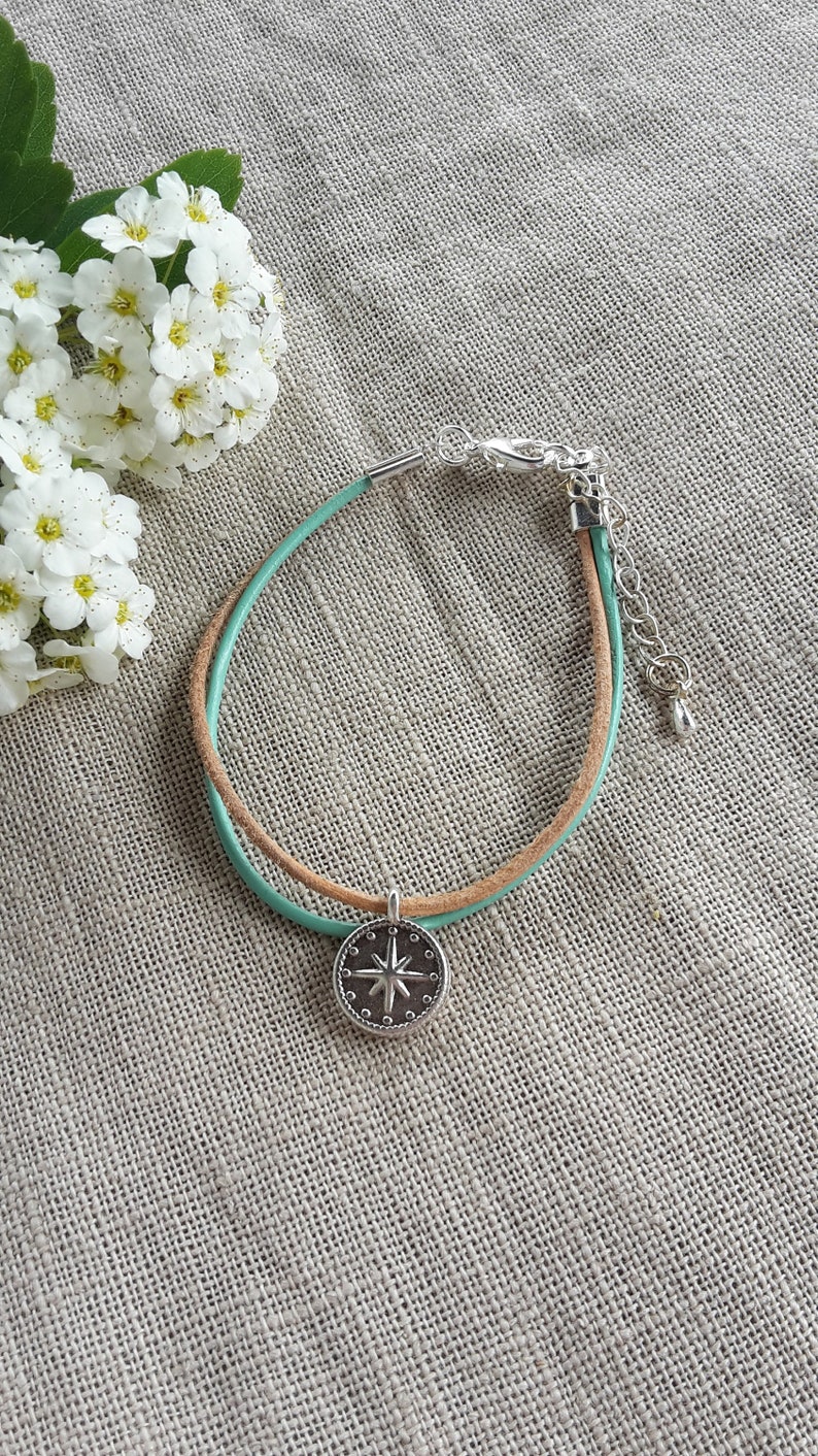 mint leather bracelet gift handmade silver plated compass nature Bracelet color choice