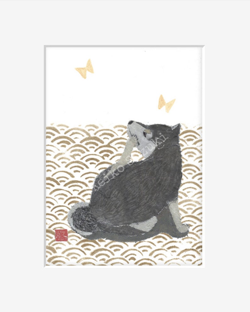 Shiba Inu Art, Black Shiba Inu, Seigaiha, Modern Japanese Art, 柴犬 image 3