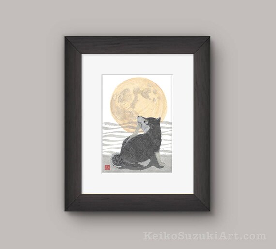 Shiba Inu Art Black Shiba Inu Super Moon Modern Japanese Etsy